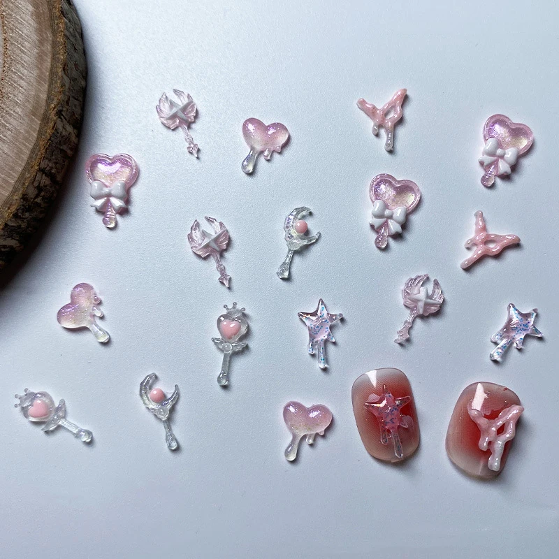 50Pcs DIY Art Accessories Pink Fairy Glow-in-the-dark Kawaii Heart Magic Wand Nail Rhinestone 3D Luminous Clear Resin Nail Charm