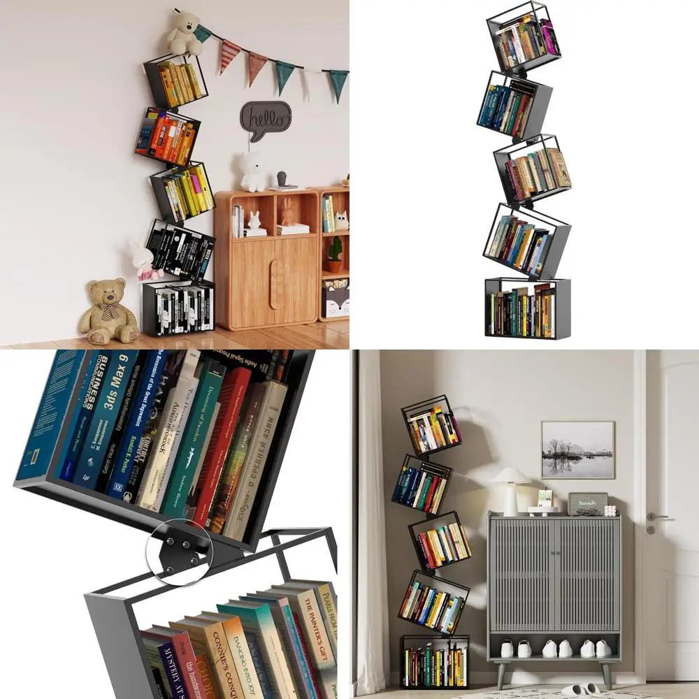 

Современная 5-уровневая металлическая книжная полка с геометрическим дизайном – стильное матовое черное хранилище для комнат и офисов