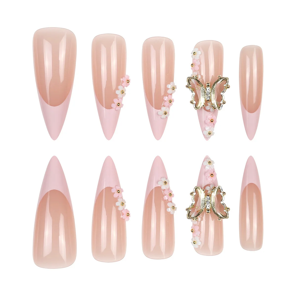 

24Pcs Long Stiletto Press on Nails Tips with 3D Flower Butterfly Design Fake Nails Pink French Detachable Full Cover False Nails