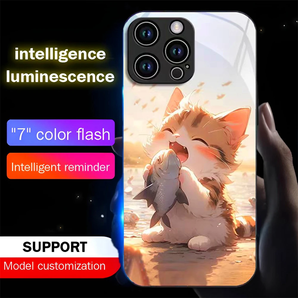 Catching Fish Cat Design Sound Music Control Led Light Phone Case Glowing Cover For iPhone Air 17 16 15 14 13 12 11 Pro Max Plus