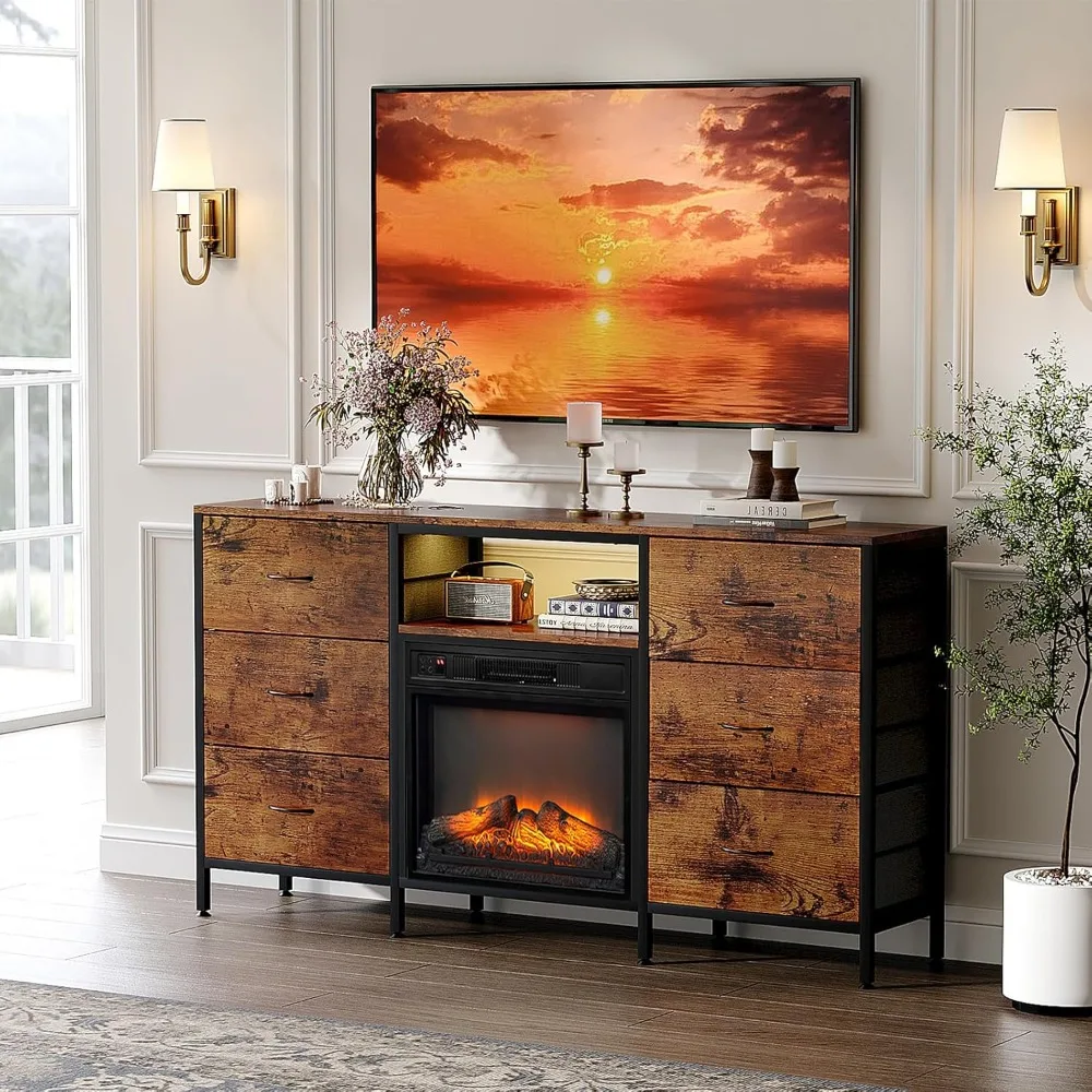 Tocador con soporte para TV con chimenea resistente con cajón de tela, centro de entretenimiento con luces LED y mesa consola de TV industrial con