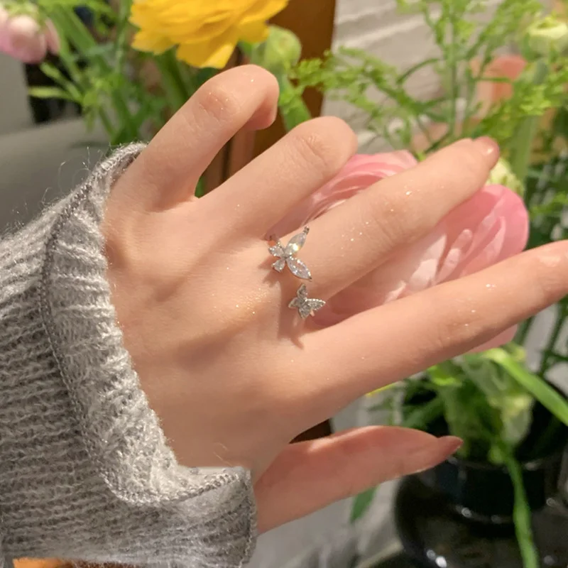 Opening Butterfly Ring Ornament Popular Light Luxury Style Double Zircon Butterfly Ring for Women with a High Level Sense