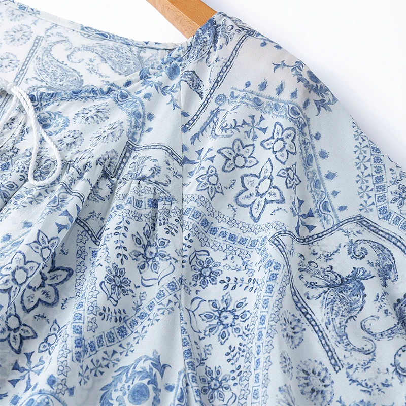 100% Mulberry Silk Crepe Silk Women Short Sleeve Blouse Loose Type Blue Floral Baby Doll Casual Top Shirt Pullover M1517