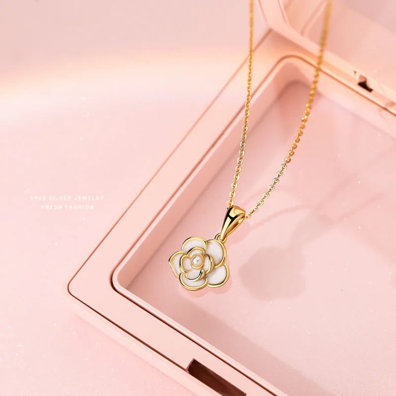 S925Sterling Silver Camellia Epoxy Necklace Women's Light Luxury All-Matching Elegant Light Luxury Shell Bead Pendant Clavicle C