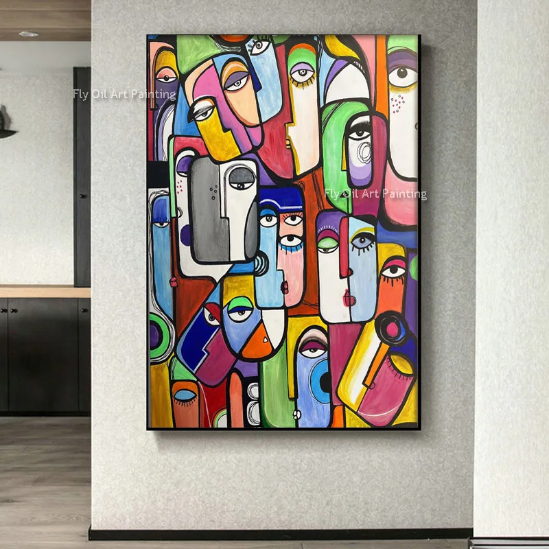 Handmade Pop Art Abstract Face Oil Painting Colorful Picasso Style Canvas Wall Art Modern Funny Portrait for Home Corridor