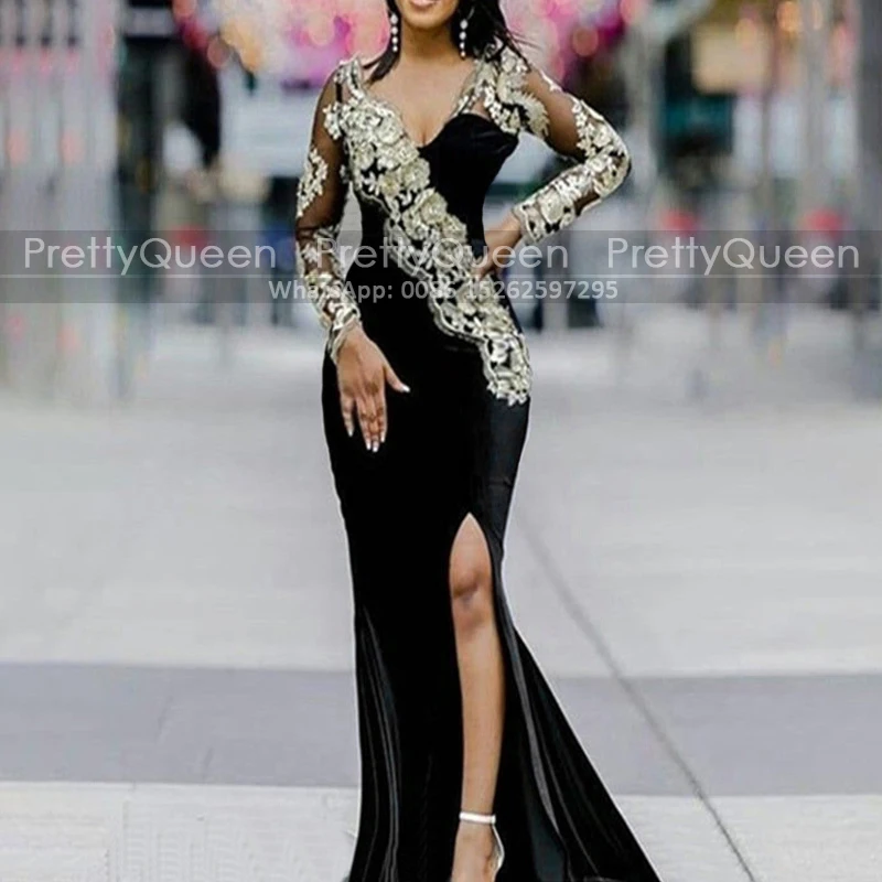 Customized Mermaid Prom Dresses Floral Appliques Side Slit Plunging Neck Sheer Long Sleeves Sheath Formal Party Dress