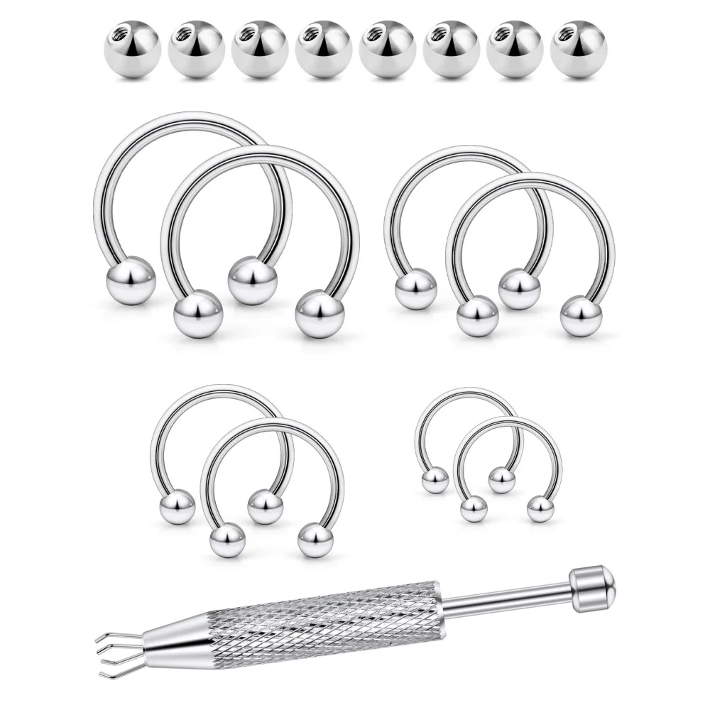 16G 316L Surgical Steel Horseshoe Septum Rings, 6/8/10/12 External Thread with Balls & Tool (17PCS) Nose Cartilage Lip Jewelry