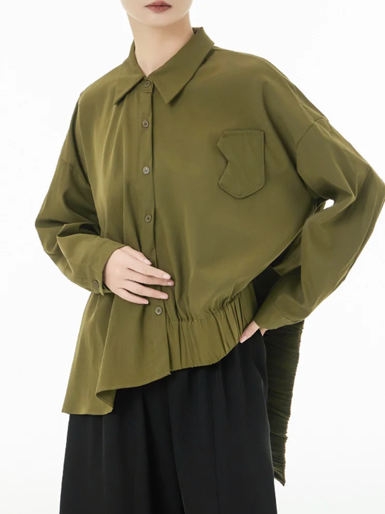 [EAM] Women Army Green Pleated Irregular Big Size Blouse New Lapel Long Sleeve Loose Shirt Fashion Spring Autumn 2024 1DF5153