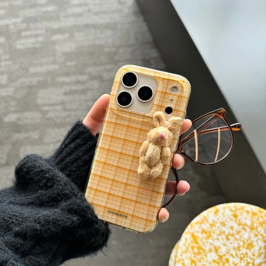 

Креативный простой желтый сетчатый узор, стереоскопический плюшевый противоударный чехол с кроликом для iPhone 17, 16, 15, 14 Pro Max