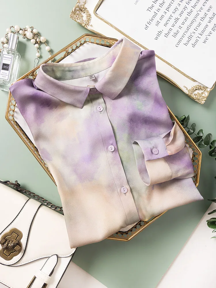 2024 Spring Casual New Fresh Color Halo Dyed 92.8%Natural Mulberry Silk Elastic Double Qiao Satin Long Sleeved Shirt