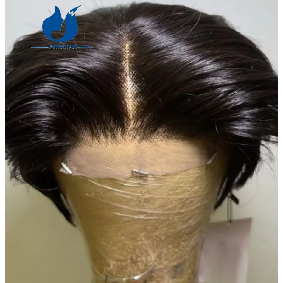 Amethyst Natural Wave Black 13X6 Short Wig Pixie Cut Lace Front Human Hair Brazlian Remy Hair Middle Part for Men Prestyled