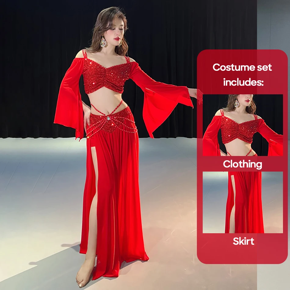 

Belly Dance Sexy Costume 2 Pieces Set Top And Skirt Sequin Mesh Practice Clothes For Adult Women Stage Performance Worksuit