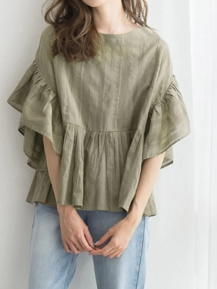 

Women's Commute Cotton Shirt Short Sleeve Lace Sleeve Blouse Casual round Neck Pullover Cotton Blend Summer Fashion Top