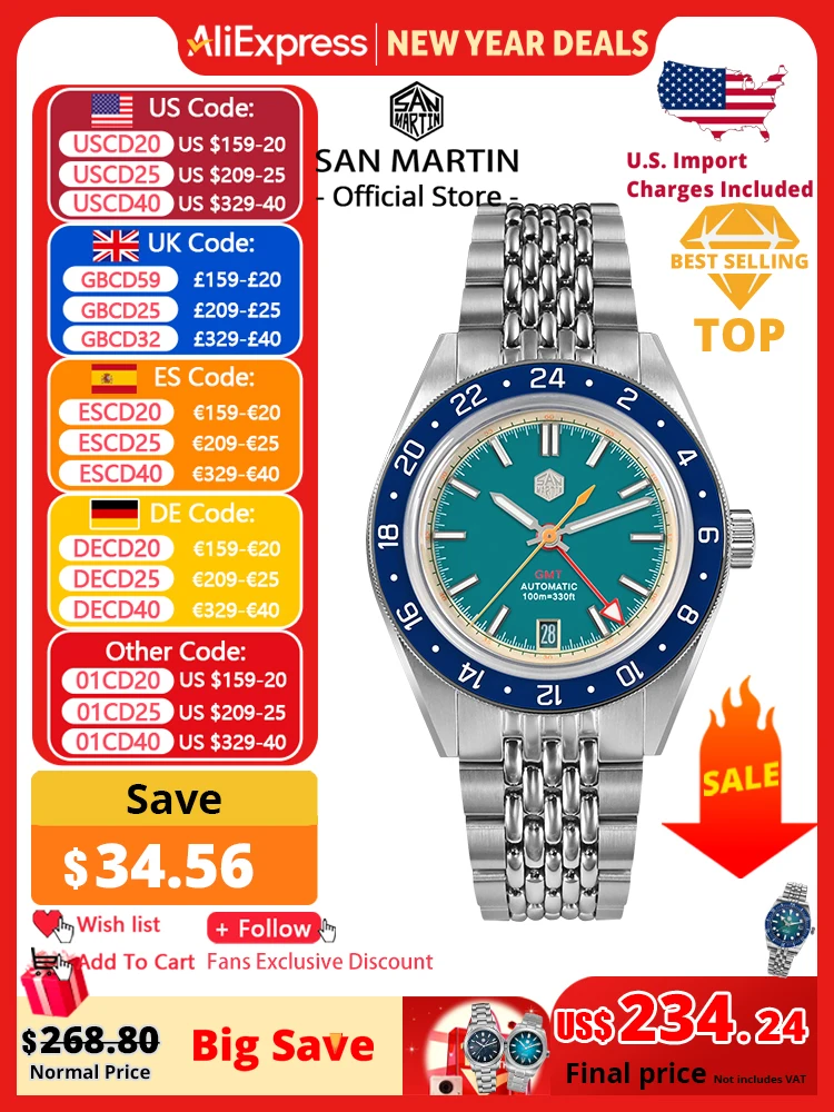 San Martin diseño Original moda GMT 39,5mm Reloj deportivo para hombre Japón NH34 mecánico automático impermeable 100m SN0116 Reloj