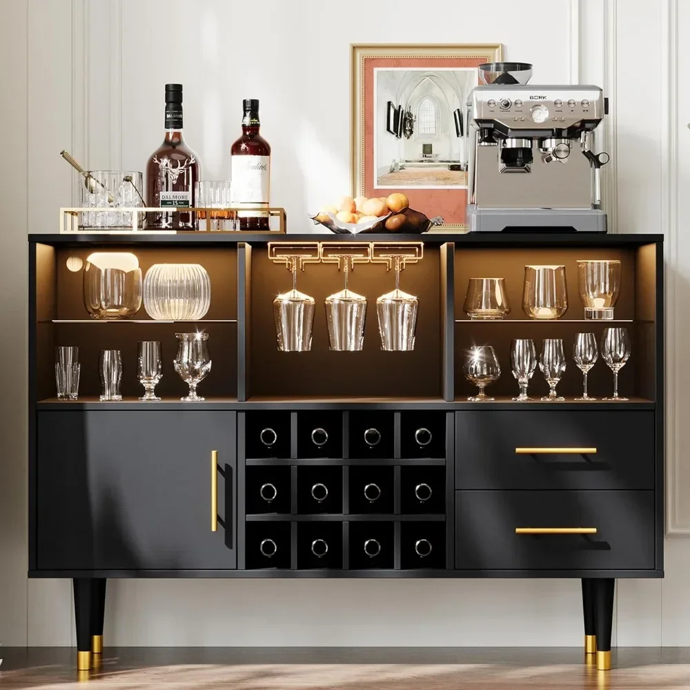 Bar Cabinet and Bar Table - LED Light Charging Station, Buffet Cabinet with Storage, Sideboard Cabinet, Bar Cabinet