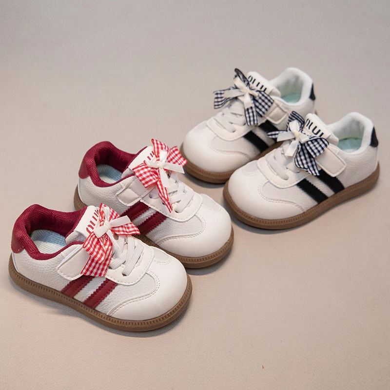 

Cute Toddler Girls Sneakers Plaid Bow White Stripe Non-Slip kids Shoes Casual Kids Footwear for Spring Summer