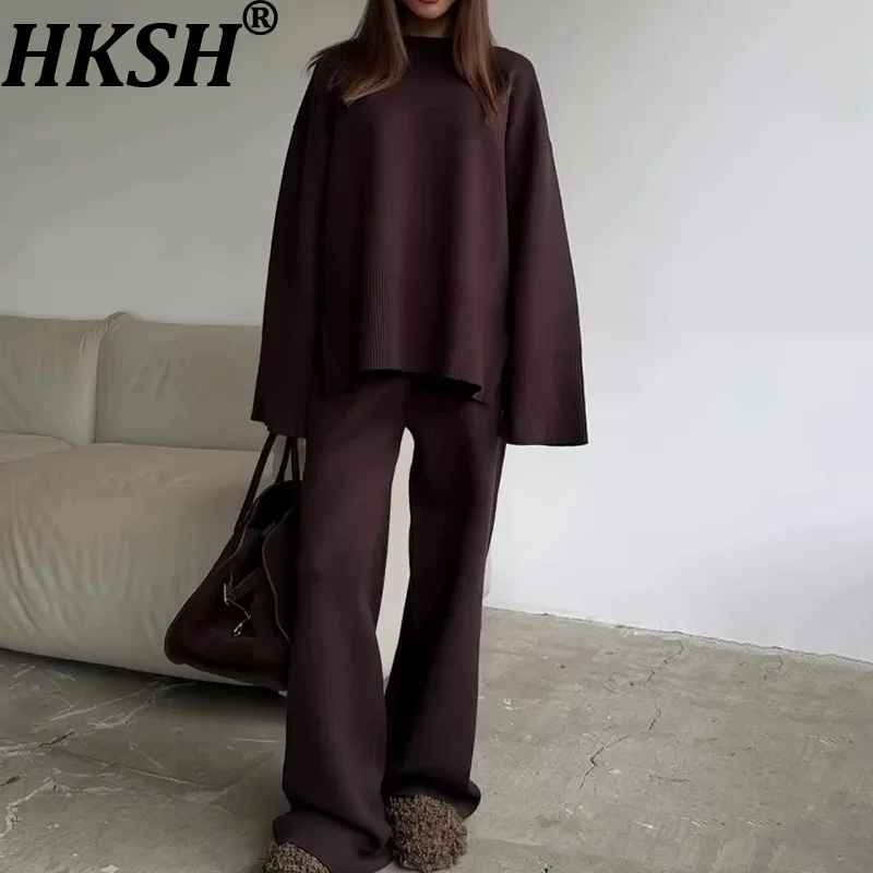 

HKSH осень-зима новый женский комплект из двух предметов однотонный пуловер с круглым вырезом свитер повседневные брюки High Street элегантные шикарные Ins HK12204