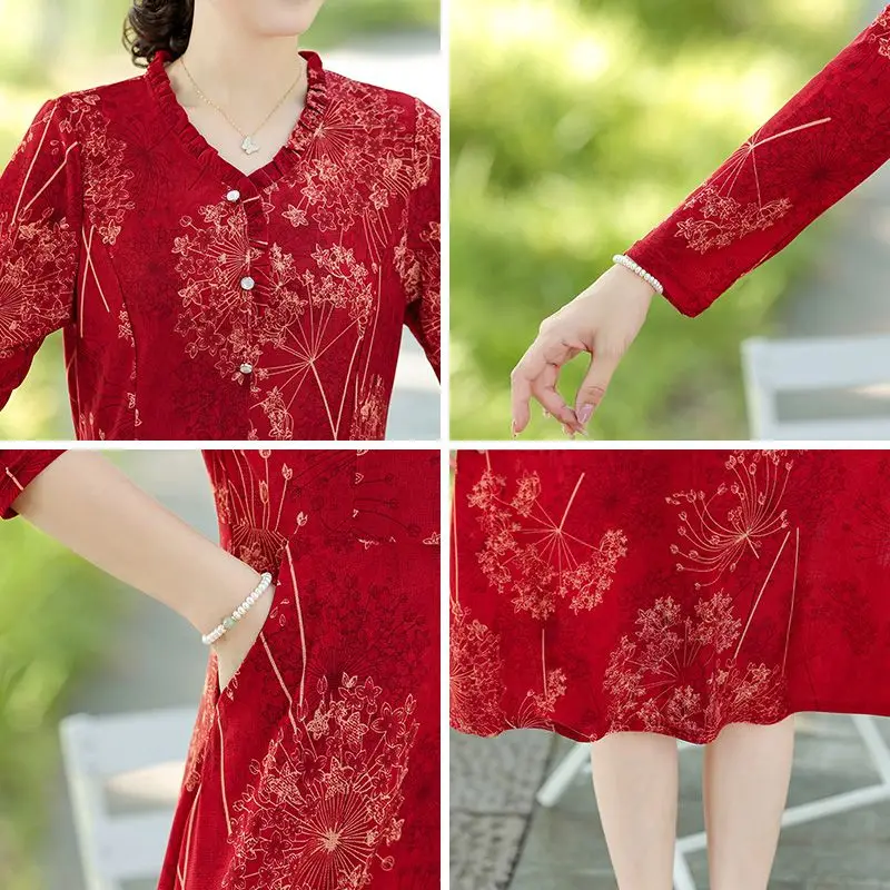 Spring Autumn Long Sleeved Cheongsam Skirt Fashion Printing V-Neck Ruffles Button Patchwork Pockets Mid Length Dress for Women