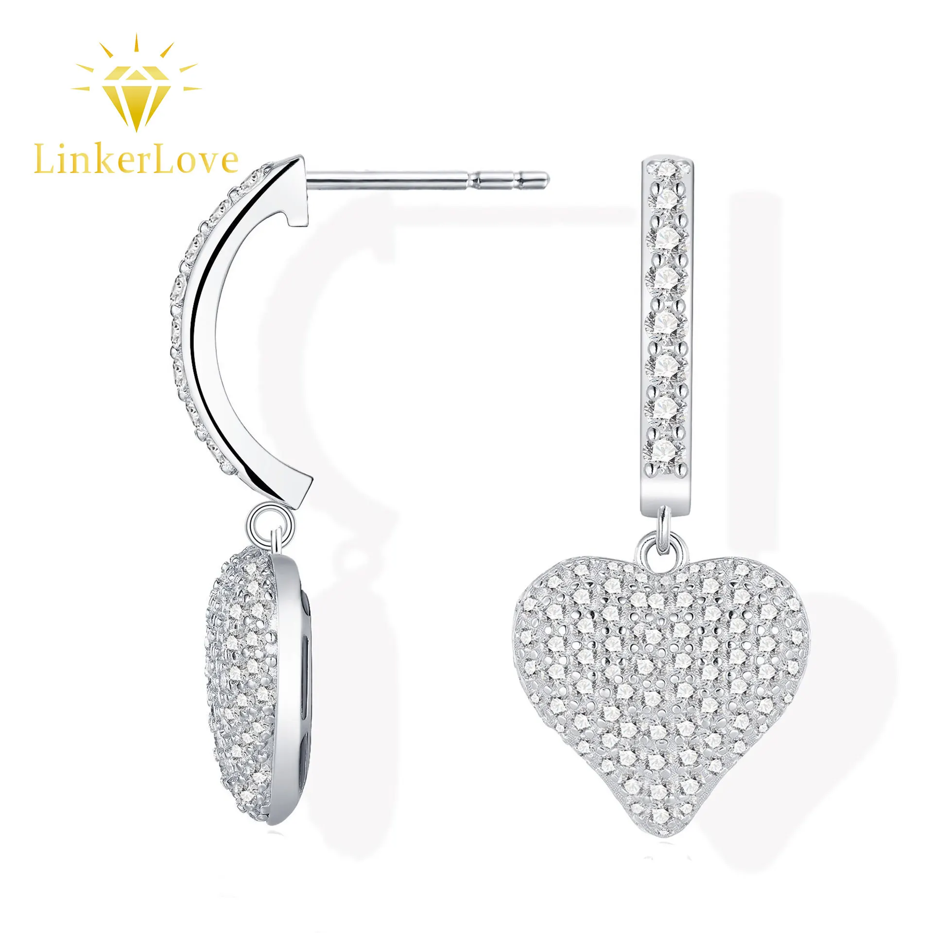 

LinkerLove S925 Silver Full Moissanite Heart Drop Earrings White Gold Plated Hypoallergenic Diamond Pendant Earrings for Women