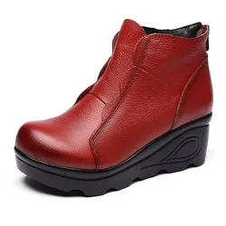 High quality Red Women's Boots Fashion Thick bottom Wedge Designer High Heels Cowhide Mom Winter Cozy Warm Shoes Women's Boots