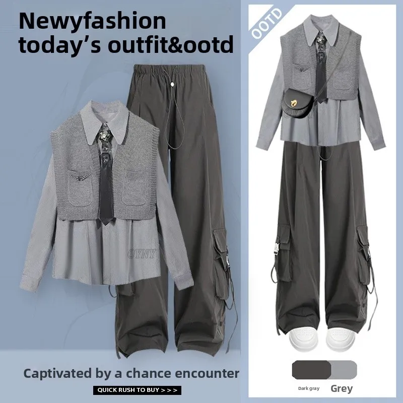 

Casual Versatile Tee-Piece Set Early Autumn College Sle Workwear irt Sweater Vest Long Sve V-Ne Polyester Fiber