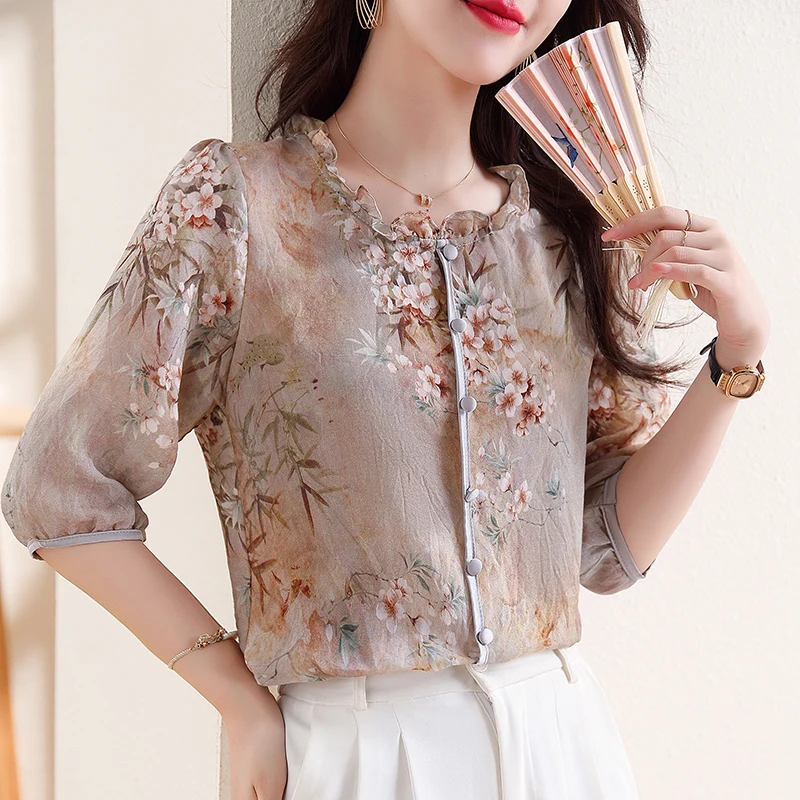 Spring Summer Women Blouse Korean Fashion Floral Printed Shirt Half Sleeve Casual Pullovers Tops