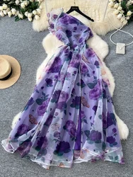 Summer Elegant One Shoulder Bow Tie Gorgeous Flower Mesh Dress Women's Ruffles High Waist Floral Print Prom Party Long Vestidos