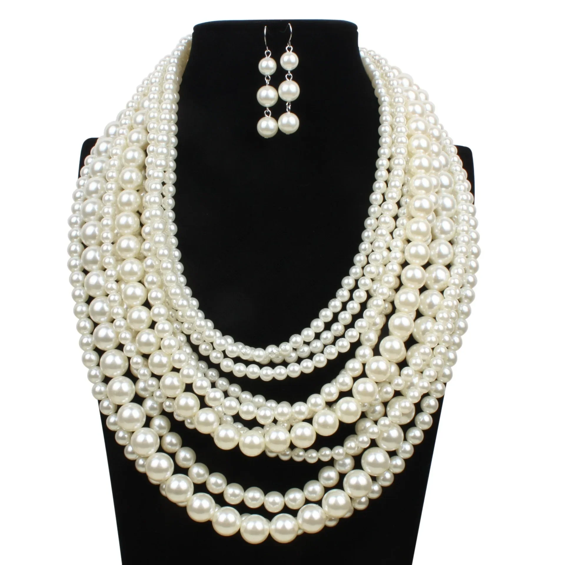 Women Party Wedding Jewelry Three-row Pearl Bridal Jewelry Set Rhinestone Four-leaf Clover Necklace Earring Earrings Disfraz