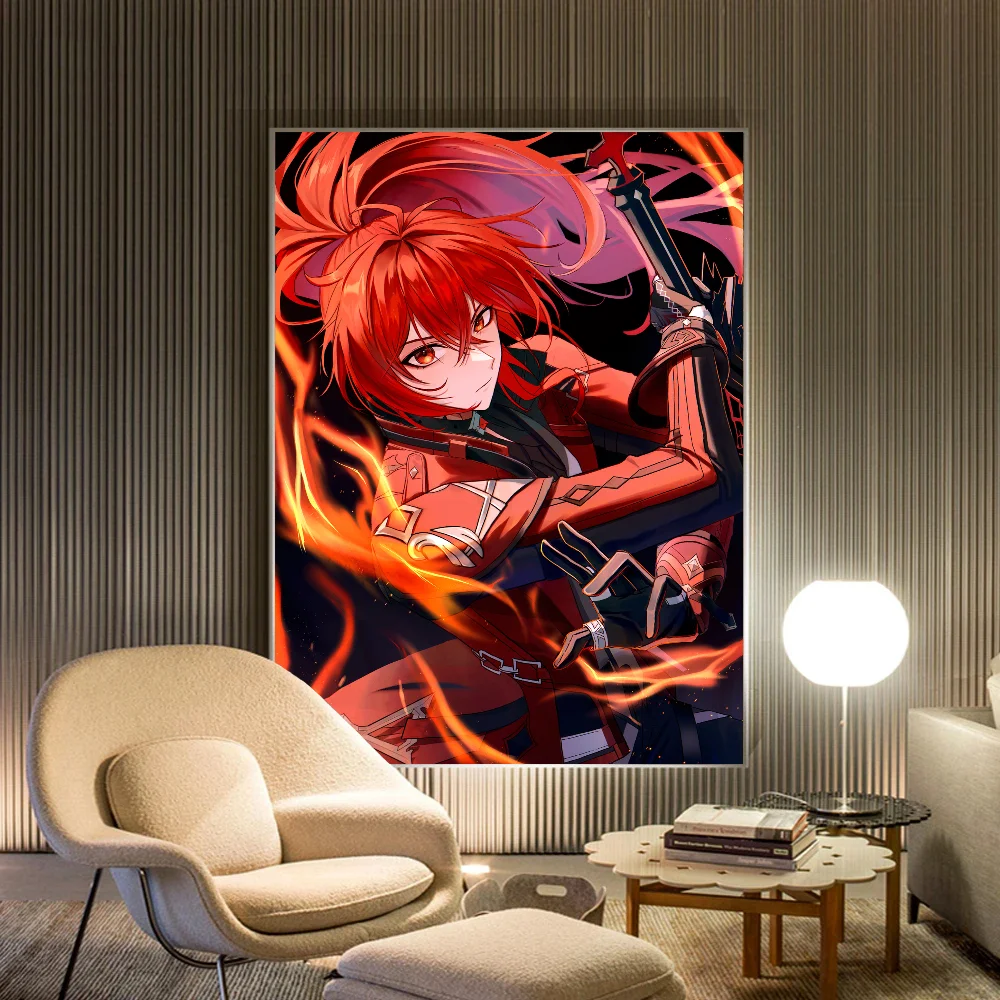 Genshin Impact Diluc Ragnvindr Classic Anime Poster Waterproof Paper Sticker Coffee House Bar Room Wall Decor