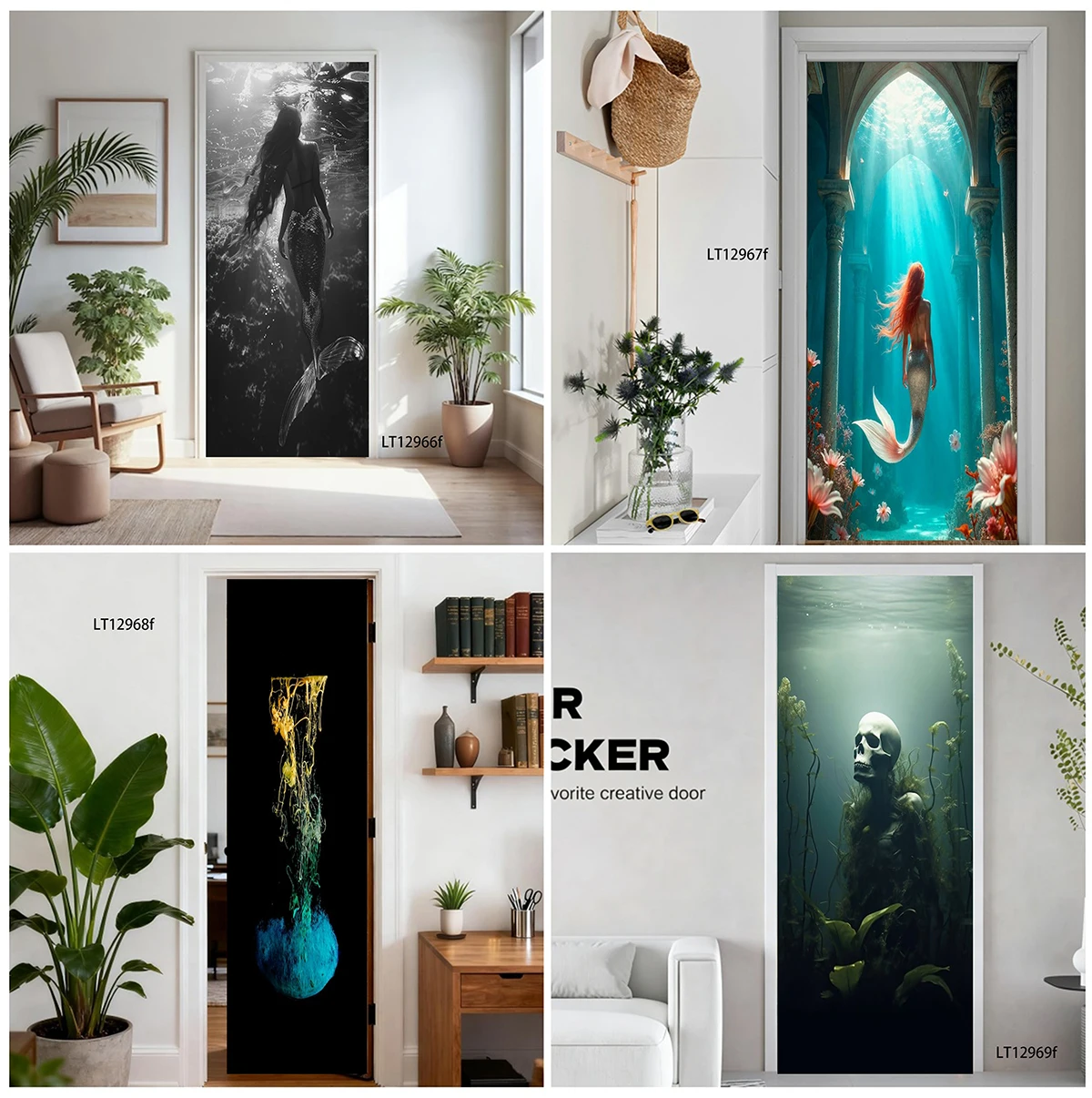 Black White Underwater Mermaid Dark Ocean Door Sticker Waterproof Self Adhesive Decal Tear Resistant Indoor Home Door Wrap Decor