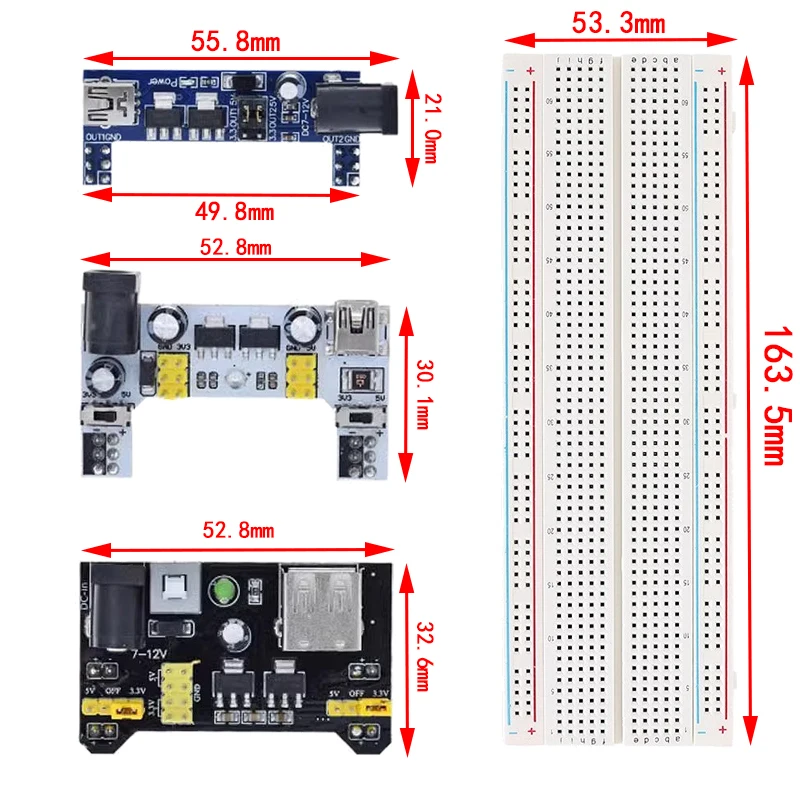 Moduł zasilanie płytki prototypowej 3.3V/5V MB102 + deska do chleba prototypu MB-102 830 punktów dla zestawu arduino + 65 przewody połączeniowe