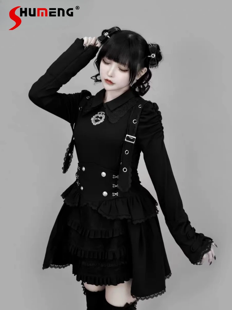 

Japanese Gothic Lolita Dark Long Sleeve Top Harajuku Subculture Mine Mass-Produced Sweet Cool Fashion Lace Turndown Collar Shirt