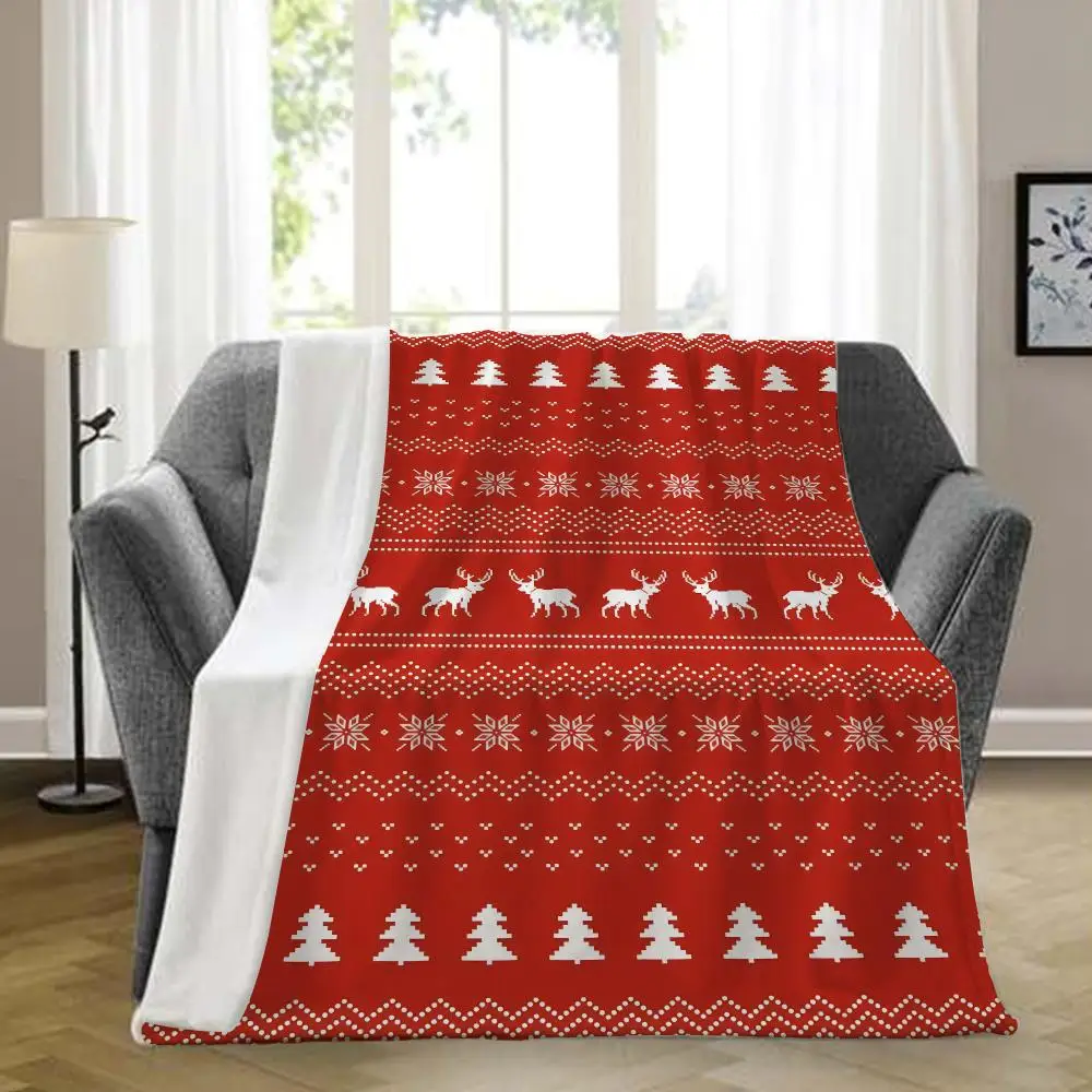 Nordic Christmas Flannel Blanket, Fair Isle Knitted Pattern Reindeer & Pine Tree Throw Blanket, Soft Cozy Decor Blanket For Xmas