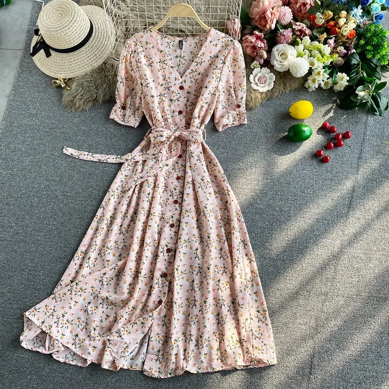 Summer French Sweet Floral Dress Women V Neck Puff Sleeve Deep V Neck Belt Dress Summer Bohemian Print A-line Midi Dress Платье