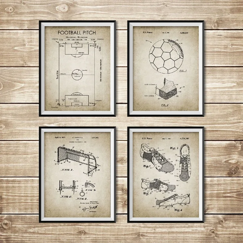（2D Canvas painting） Vintage Soccer Patent Blueprint Posters and Prints Football Pitch,Soccer Ball, Boot,Goal,Net Design Wall