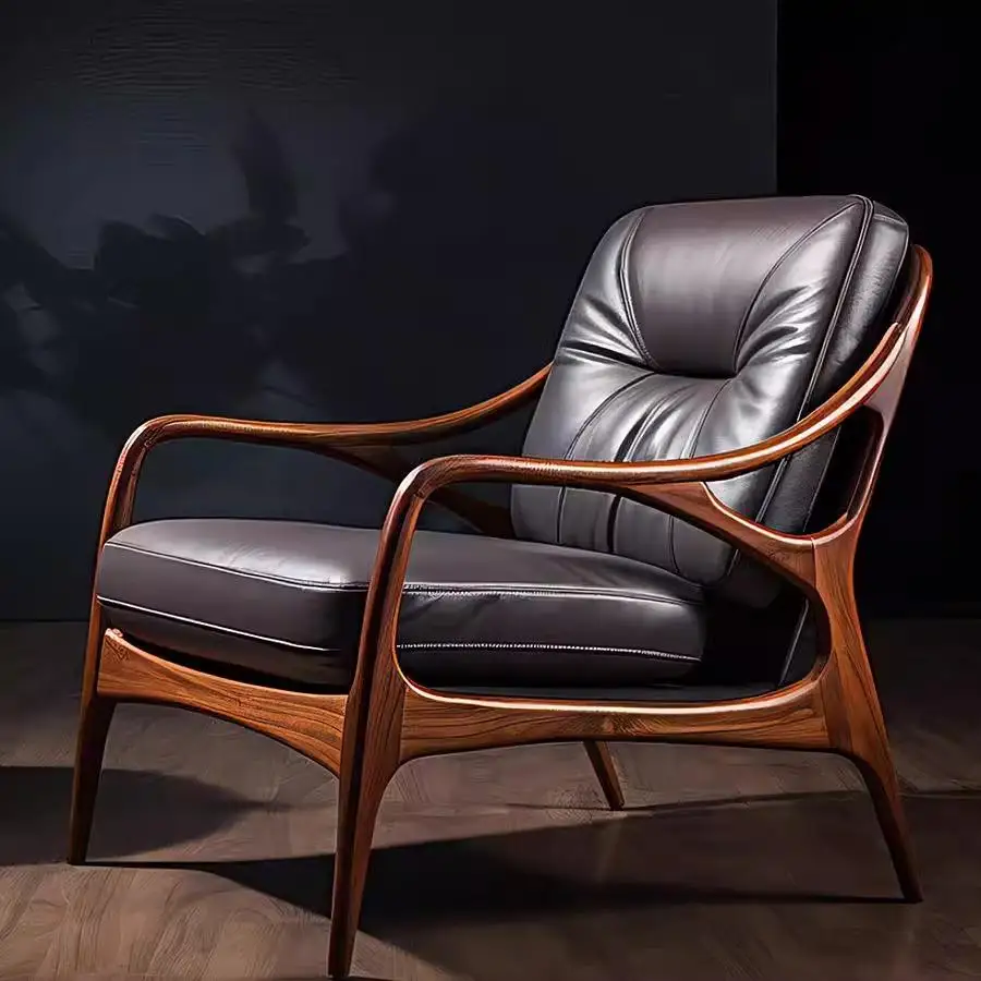 Modern Black Leather Armchair Distinctive Wooden Frame Elegant Stylish Relax Seat for Home Office Hotel Living Room