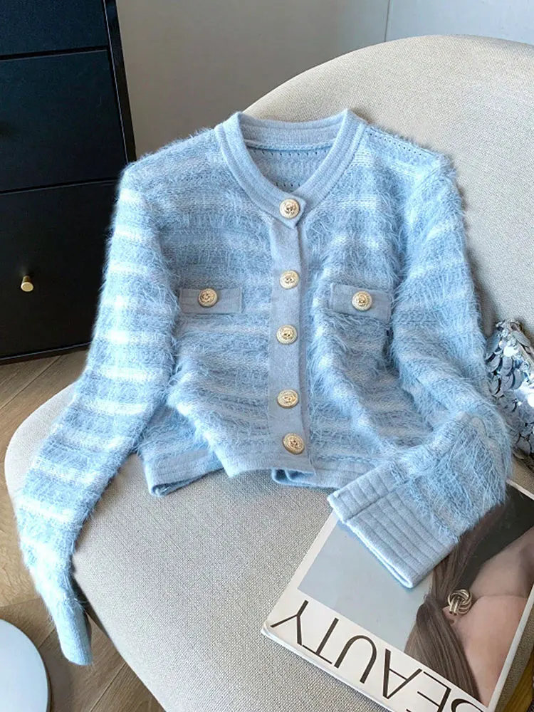 Autumn New Women Fashion Buttons Short Knitted Cardigan Soft Blue Warm Sweater Jacket Elegant Holiday Femaale Tops