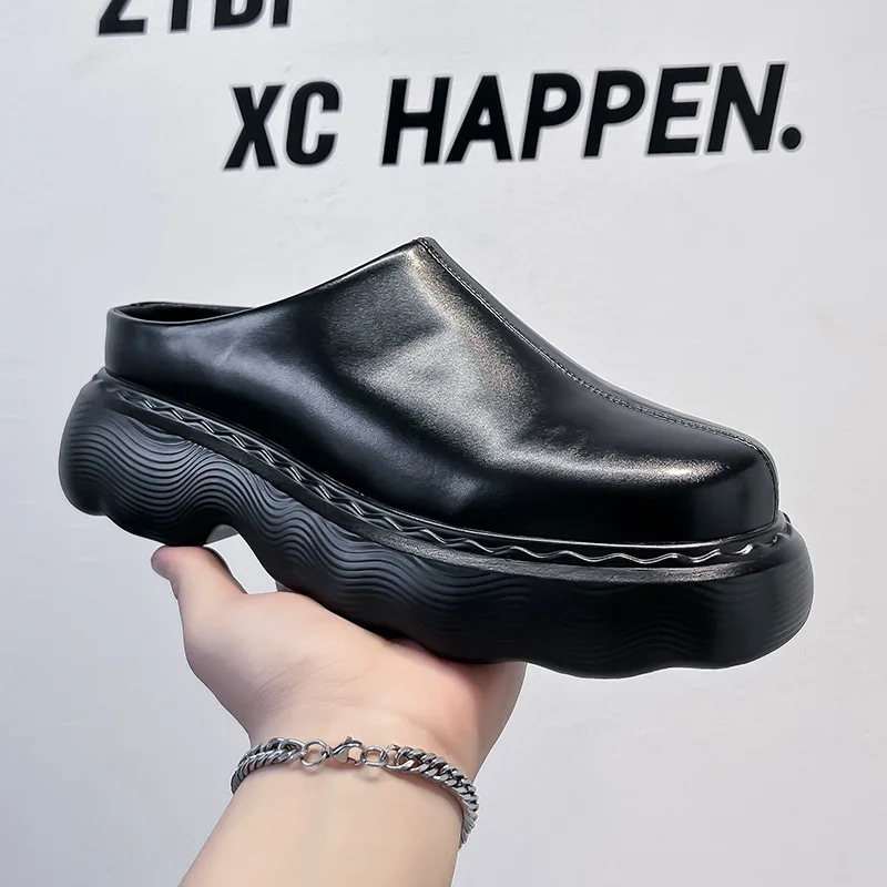 

Mens Slippers Fashion Half Shoes Slip-on Platform Shoe Black Stylish Original Leather Summer Loafers Brand Designer Man Mules
