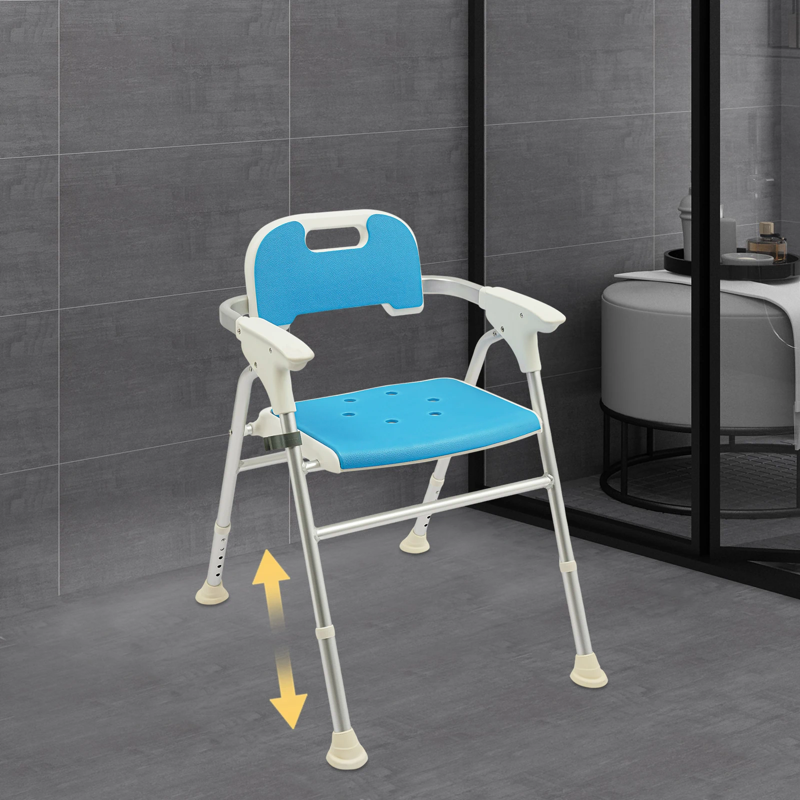Shower Chair Adjustable Foldable Bath Seat for Elderly Disabled Adults, Heavy Duty Shower Stool with Backrest Armrests, 330LBS Capacity