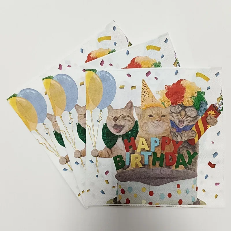 20pcs 33*33cm 2-Ply Three Cats Colourful Printed Napkins Birthday Party Decorative Paper Placemats Butterfly Bone Bart Paper
