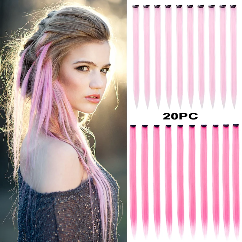 

20PCS Colored Clip in Hair Extensions 22inch Rainbow Straight Highlight Hairpieces Party Hair Accessories Gift for Girls Kid