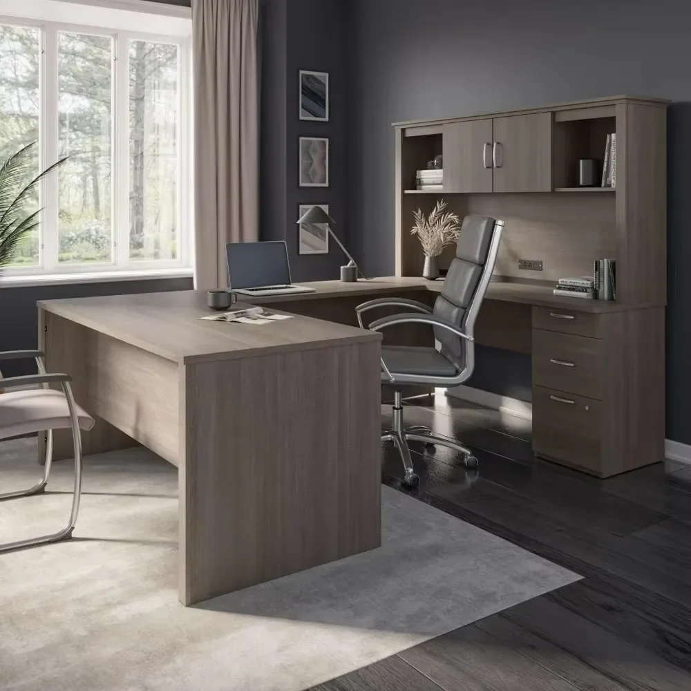 U or L-Shaped Executive Office Desk with Pedestal and Hutch in Antigua,High-density commercial-grade particle board work surface