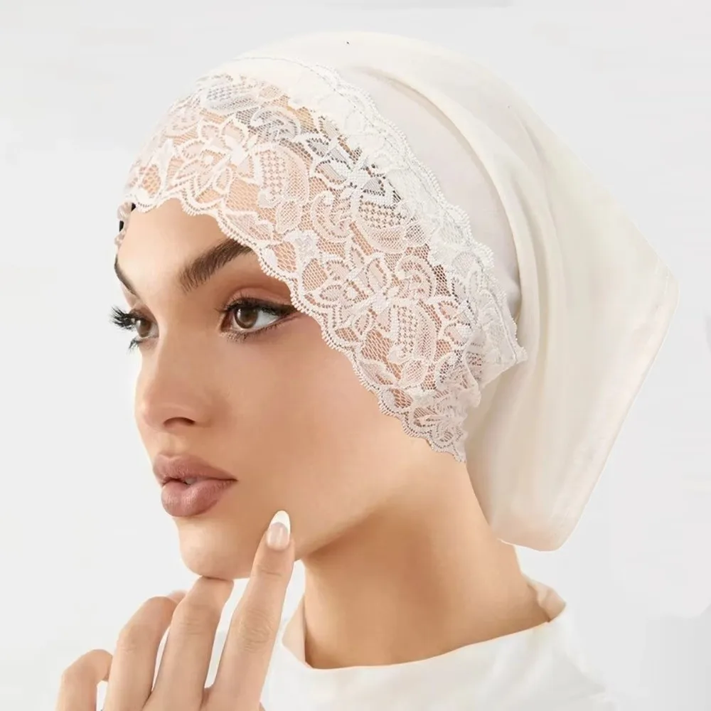 Comfortabele pasvorm Elegante hijab-pet Effen kleur Kanten rand Pulloverhoed Elastische zachte hoofddoekhoed Dameshoofddeksels