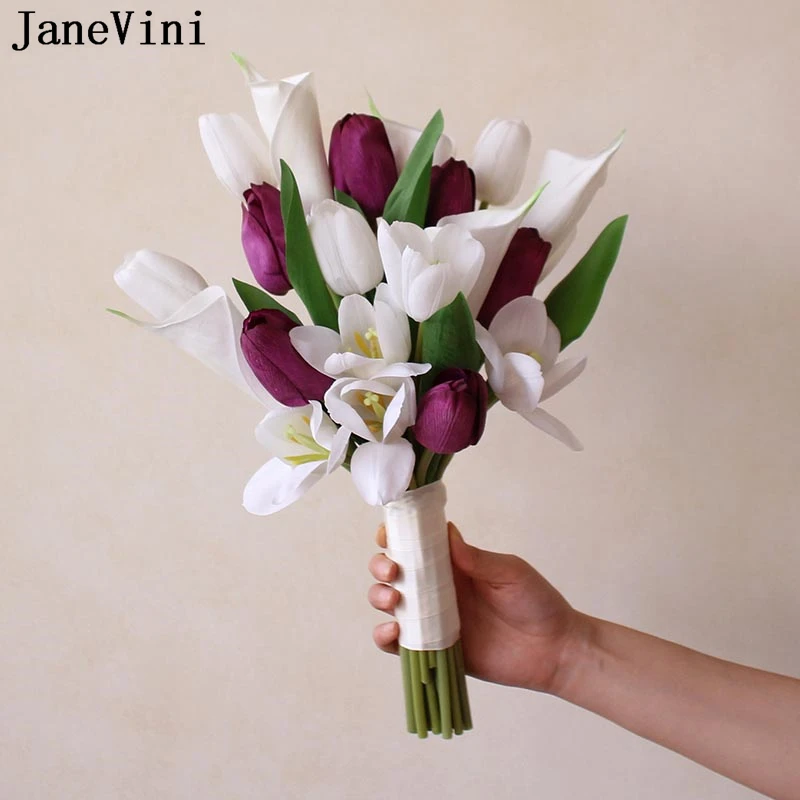 JaneVini Purple Flower Bouquets Real Touch Calla Lily Tulip Wedding Bouquet Artificial Bridal Holding Flowers Bride Accessories