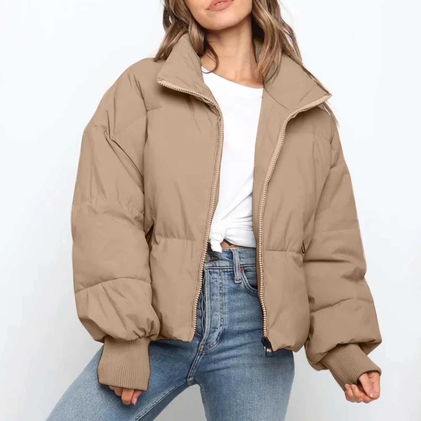 

Women Solid Loose Zipper Coat Long Sleeve Pocket Casual Down Coat Winter Thermal Thickened Fall Cotton-padded Jacket 2024
