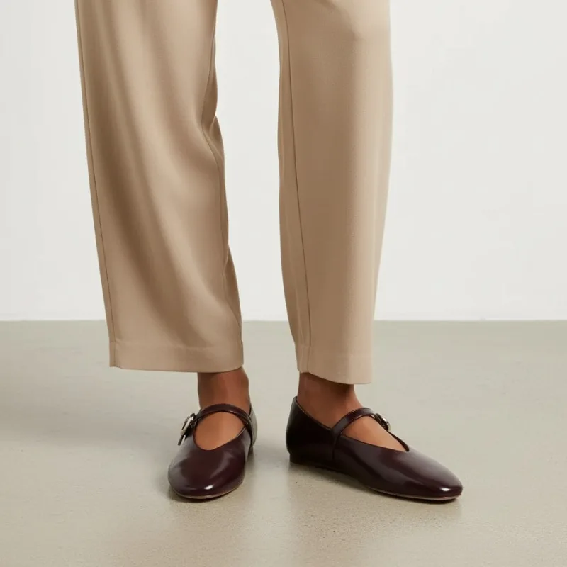 Zapatos planos Mary Jane de cuero PU para mujer |   Zapatos casuales poco profundos con correa de hebilla roja |   Mocasines elegantes retro primavera otoño streetwear