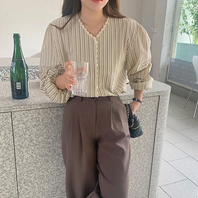 Женская ретро корейская Sle irt V-Ne Slim Fit в полоску с рюшами Sve Long Sve Свободная весенне-осенняя блузка Bubble Sve