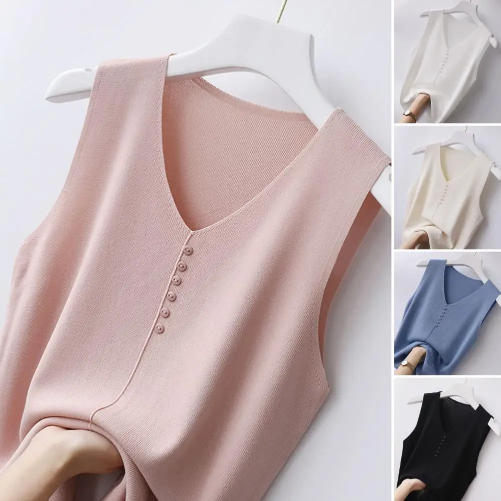 

Women Top Stylish V-neck Tank Tops for Women Loose Fit Button Decor Vest Solid Color Bottoming Top for Party Wear Loose Fit