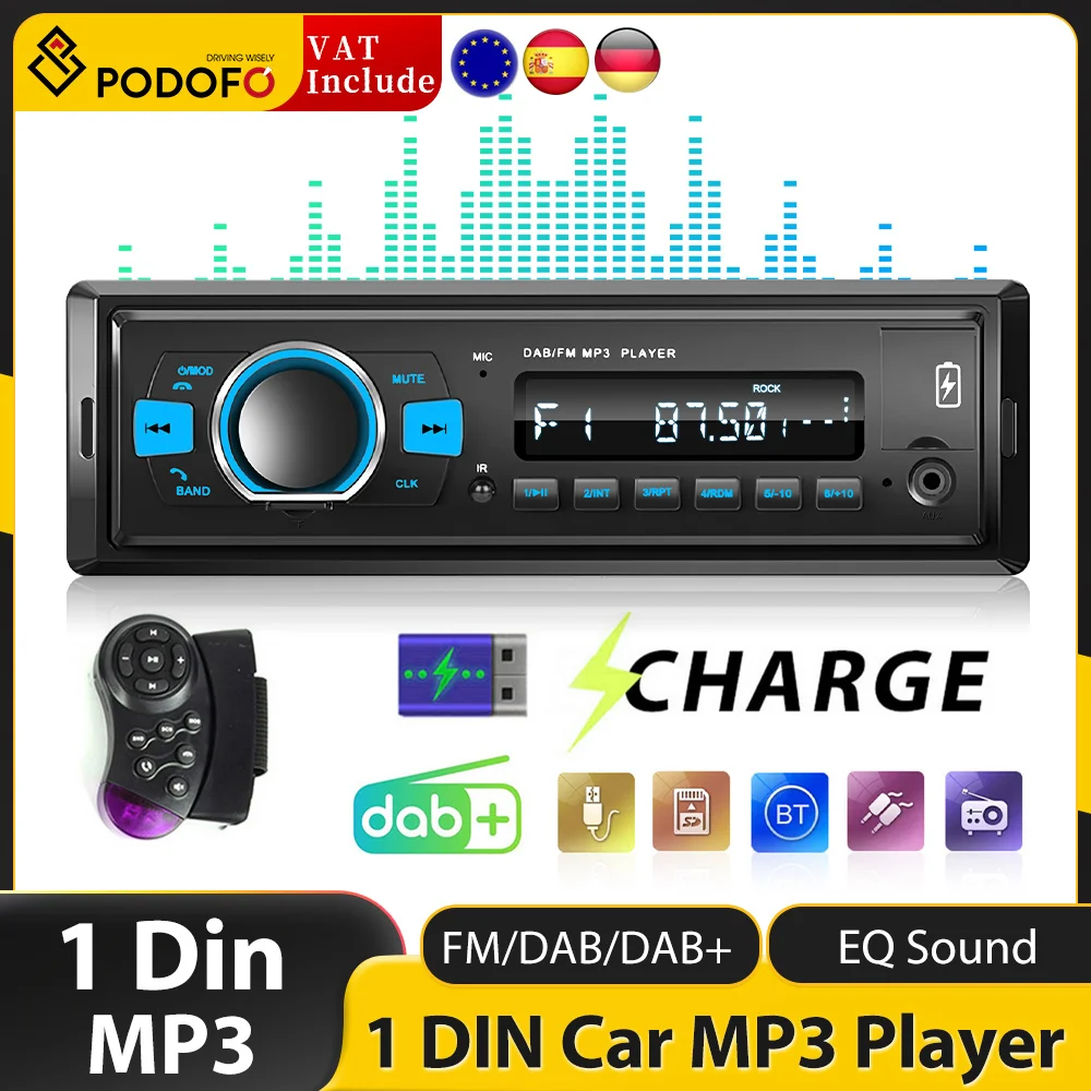 Podofo 1DIN In-Dash Car Radios Stereo Remote Control Digital Bluetooth Audio Music Stereo 12V Car Radio MP3 Player USB/SD/AUX-IN