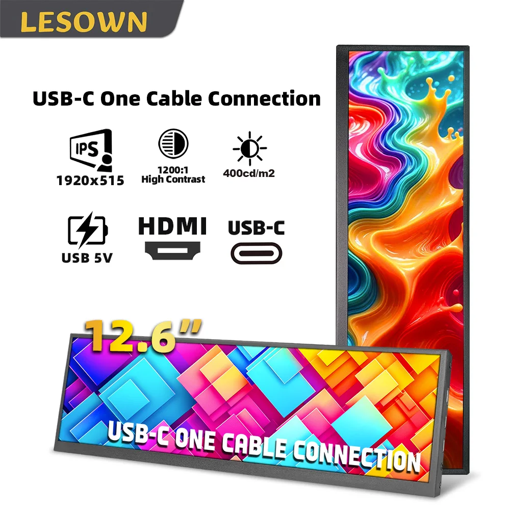 

LESOWN 12,6-дюймовый ультратонкий растянутый монитор 1920x515, горизонтальный дисплей, дополнительный IPS-экран для ноутбуков, игровых консолей, работы